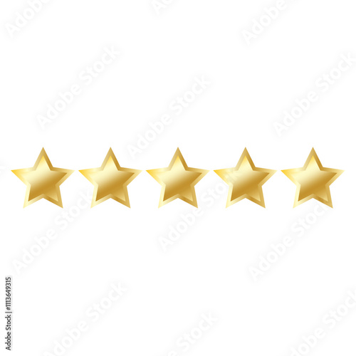 Gold star row. Five star rating. Gradient metallic texture. Vector illustration.