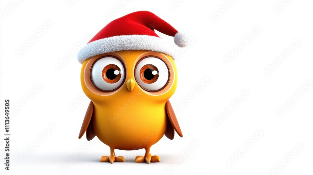 Fototapeta premium Cute Cartoon Owl Wearing Santa Hat on White Background