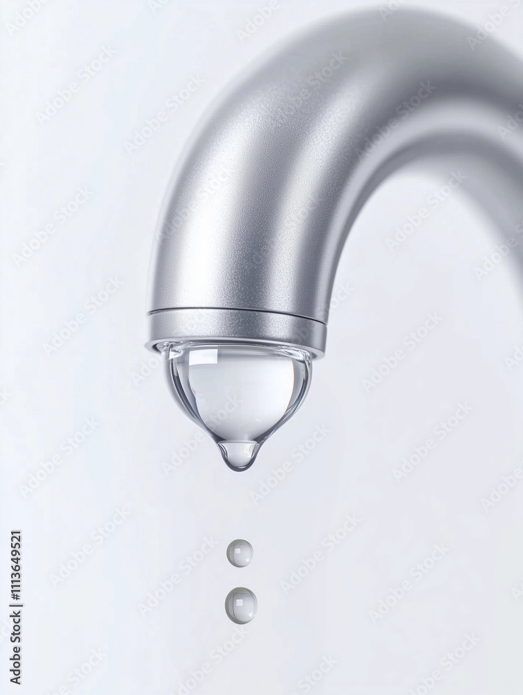 A droplet hangs from a silver faucet in a serene, minimalist scene. Generative AI A droplet hangs from a silver faucet in a serene, minimalist scene. Generative AI