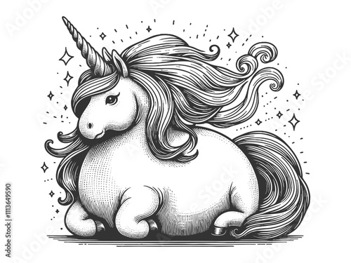 chubby unicorn fat overweight with a flowing mane and tail, blending whimsy and fantasy charm sketch engraving generative ai vector illustration. Scratch board imitation. Black and white image.