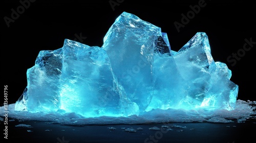 Isolated glowing blue ice shard break with snow particles on a solid black background