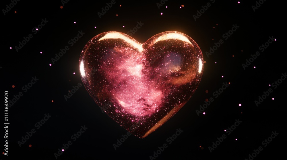 Isolated glowing heart with pink sparkles on a solid black background Isolated glowing heart with pink sparkles on a solid black background