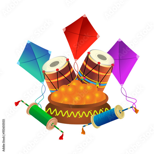 Vector illustration of colorful kites with dhol and sweets composition on transparent background