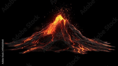 Molten lava burst from a volcano fissure on a solid black background
