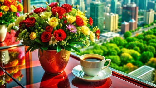 Wallpaper Mural Vibrant bouquet of flowers alongside a cup of coffee on a table with a city skyline view Torontodigital.ca