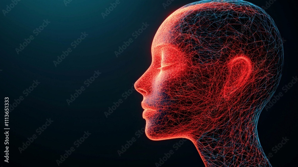 biometric authentication AI concept. 3D digital representation of a human head in glowing particles.