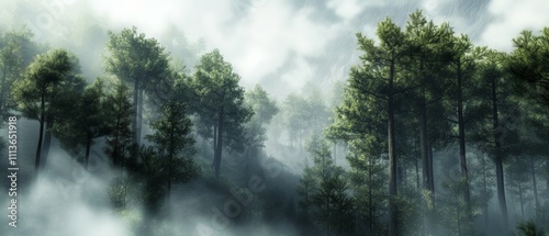 A photorealistic image of a dense evergreen forest with tall trees covered in a thick mist. The fog creates a mysterious and serene atmosphere. The scene is tranquil and natural