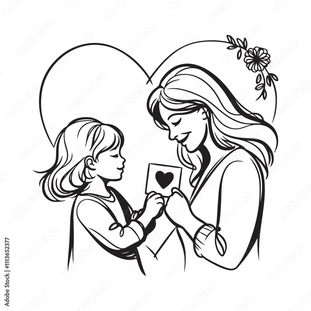 One continuous single drawing black line art doodle of a child giving a heart shaped card to their mother on happy holiday concept One continuous single drawing black line art doodle of a child giving a heart shaped card to their mother on happy holiday concept