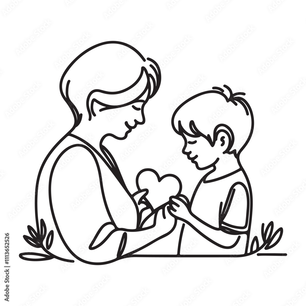 One continuous single drawing black line art doodle of a child giving a heart shaped card to their mother on happy holiday concept One continuous single drawing black line art doodle of a child giving a heart shaped card to their mother on happy holiday concept