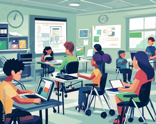 A diverse classroom scene with students of various ethnicities engaged in learning on laptops, creating a collaborative environment.