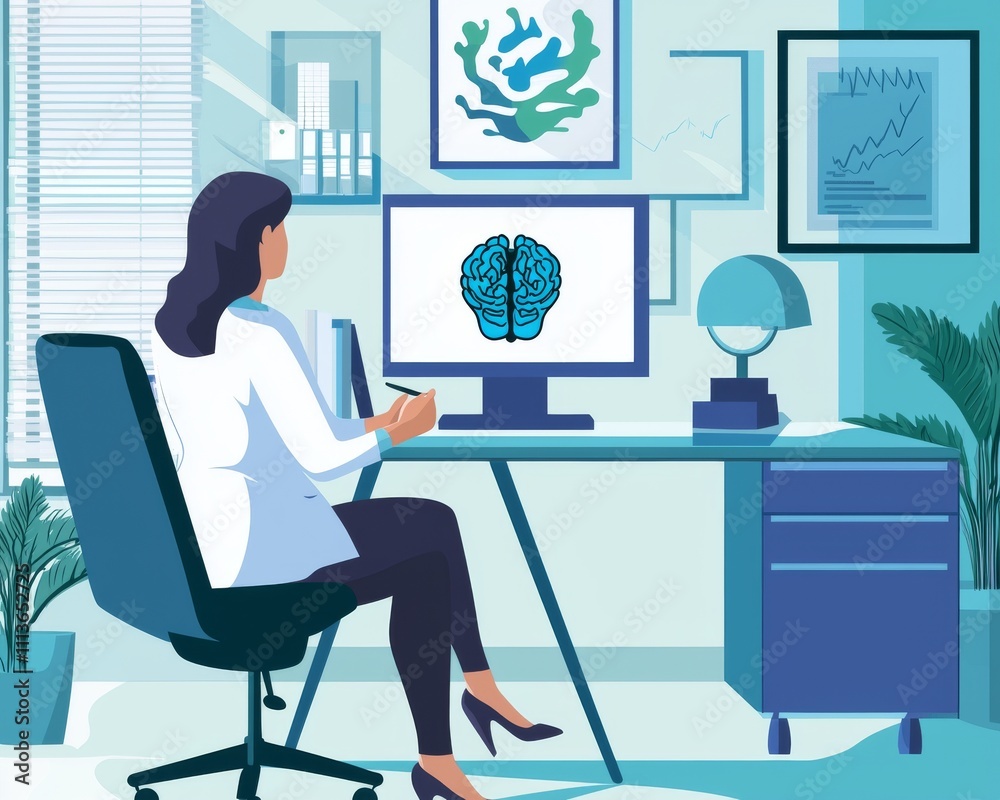 A young woman of Hispanic descent sits at a modern desk, analyzing a digital brain illustration on her computer screen. A young woman of Hispanic descent sits at a modern desk, analyzing a digital brain illustration on her computer screen.
