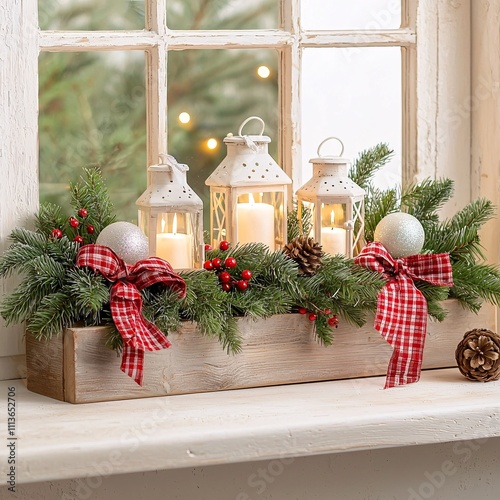Christmas festive holiday concept. Cozy holiday decor with lanterns, greenery, and festive accents by a window.