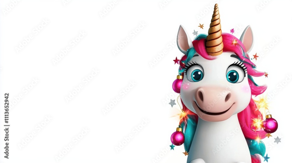Naklejka premium Cute Cartoon Unicorn with Holiday and Party Accents