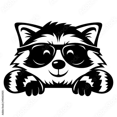 Cool Raccoon in Sunglasses: A friendly cartoon raccoon wearing sunglasses peeking out from behind a white background. Perfect for any design project where you need a touch of playful charm.  photo