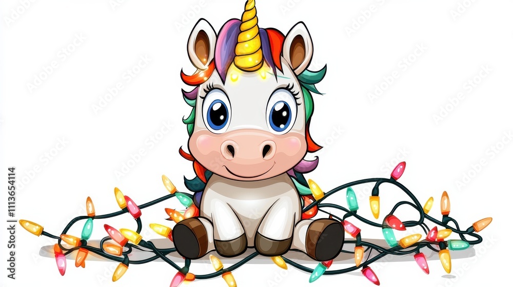Fototapeta premium Cute Cartoon Unicorn Sitting Amid Twinkling Holiday Lights and