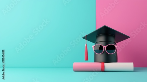 Milestones success tracking. A playful graduation decoration featuring a graduation cap, sunglasses, and a diploma on a colorful background.