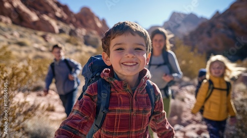 A family of four is hiking in the desert, with a young boy smiling