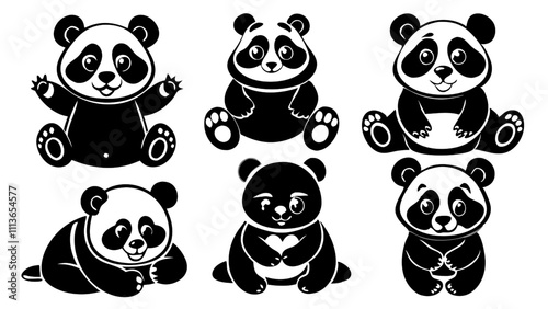 Cute Panda Bear Collection: A set of six adorable panda bear illustrations, each with a unique pose and expression. Perfect for children's books, greeting cards, and other fun projects.   photo