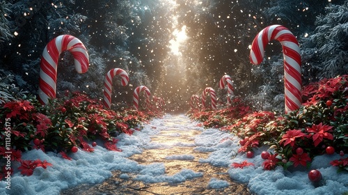 Enchanting Winter Wonderland Path Lined with Festive Candy Canes and Holiday Cheer