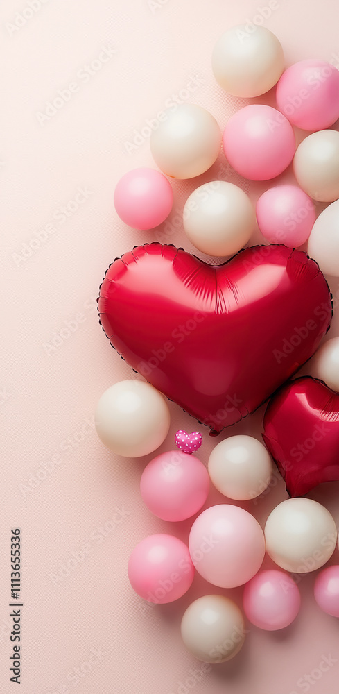 Obraz premium Bright red heart shaped balloons surrounded by pink and white spheres create festive atmosphere