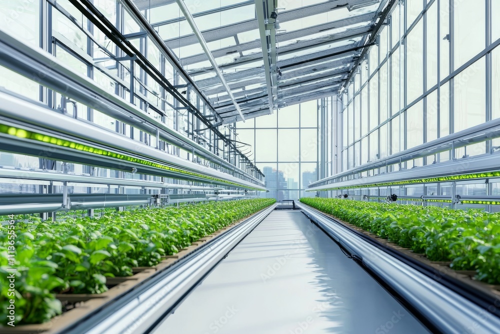 A modern greenhouse filled with vibrant green plants, showcasing advanced agricultural technology and natural light. A modern greenhouse filled with vibrant green plants, showcasing advanced agricultural technology and natural light.