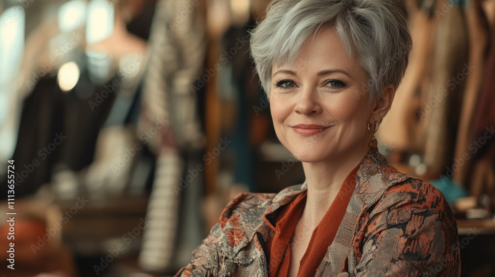 Fashionable Woman with Short Gray Hair, Sitting in a Clothing Store Fashionable Woman with Short Gray Hair, Sitting in a Clothing Store