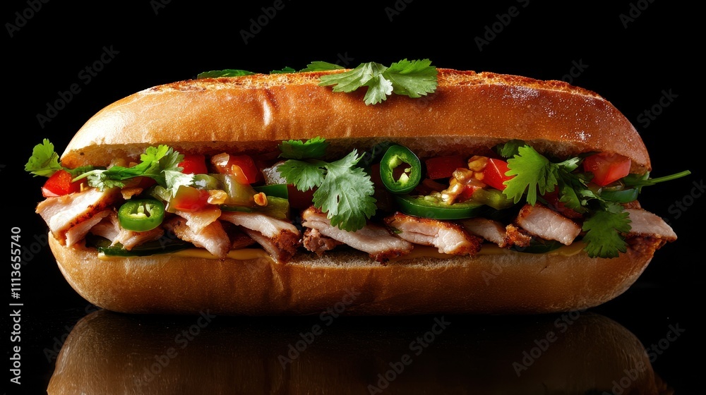 Grilled chicken sandwich on a crusty roll with jalapenos, cilantro, and a vibrant salsa. Perfect for restaurant menus, food blogs, or any project showcasing delicious food. Grilled chicken sandwich on a crusty roll with jalapenos, cilantro, and a vibrant salsa. Perfect for restaurant menus, food blogs, or any project showcasing delicious food.