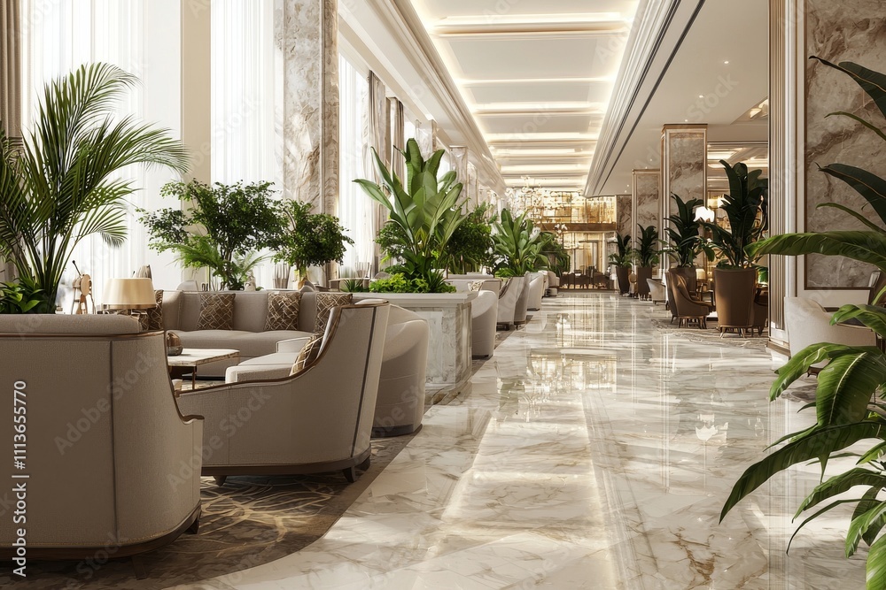 Fototapeta premium Elegant hotel lobby featuring luxurious seating and lush greenery, creating a relaxing and inviting atmosphere.
