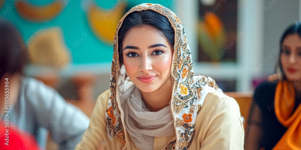 A smiling woman wears a beautiful headscarf in a vibrant indoor setting. This image captures warmth and cultural beauty. Perfect for showcasing diversity and style. AI