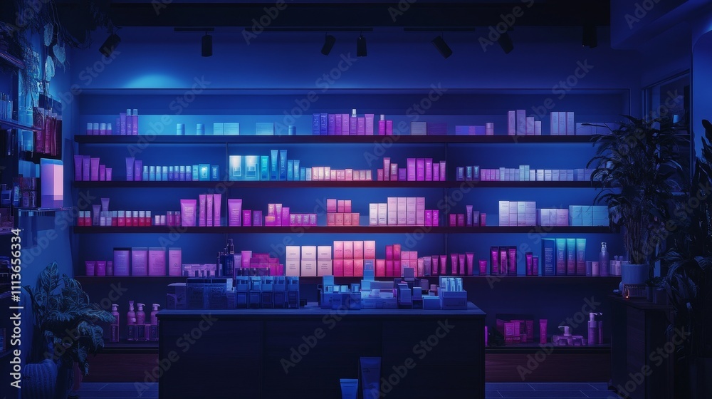 Futuristic beauty shelf with AI scanning technology for personalized skincare recommendations at a serene ambiance Futuristic beauty shelf with AI scanning technology for personalized skincare recommendations at a serene ambiance