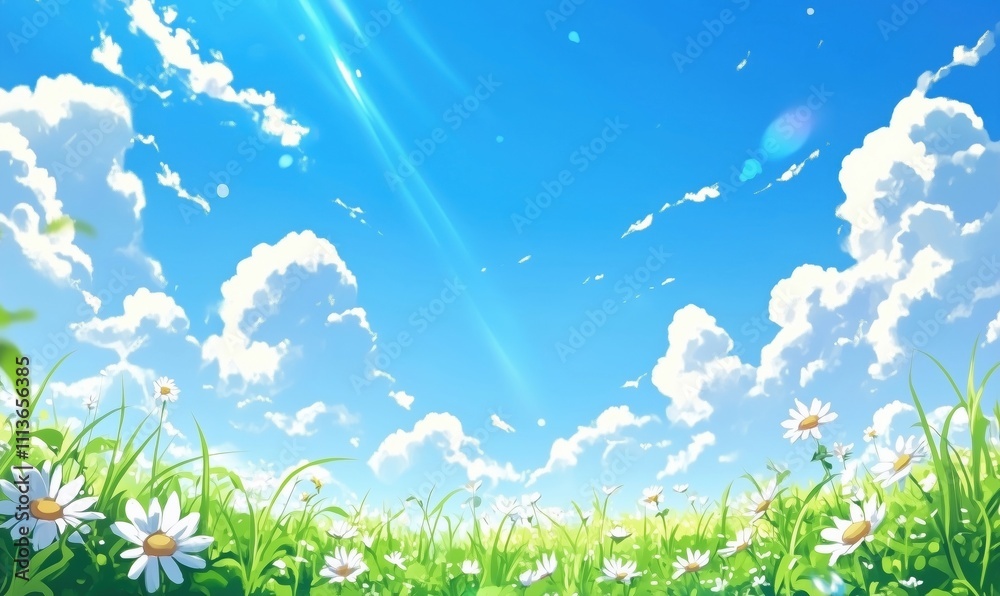 Bright blue sky with fluffy clouds, vibrant green grass, and blooming daisies, creating a serene landscape Bright blue sky with fluffy clouds, vibrant green grass, and blooming daisies, creating a serene landscape