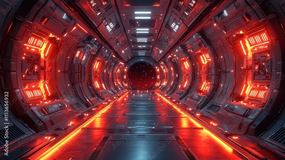 Futuristic Metallic Tunnel with Glowing Red Illumination and Sci Fi Architecture Futuristic Metallic Tunnel with Glowing Red Illumination and Sci Fi Architecture