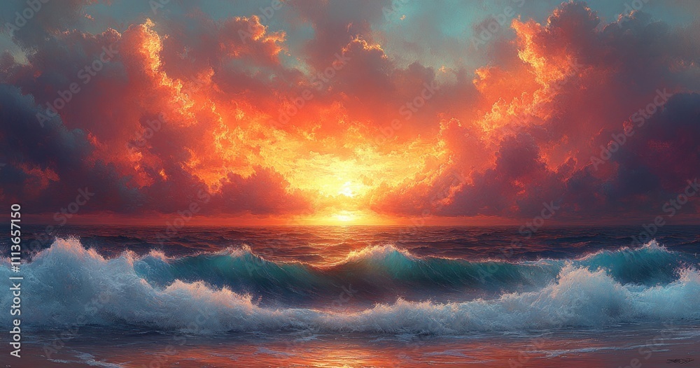 Obraz premium Dramatic Seascape at Sunset with Turbulent Clouds and Intense Colors