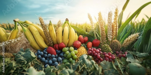Vibrant Display of Fresh Fruits and Grains Arranged in a Lush Agricultural Field Under a Bright Sky with a Warm Sunset Glow