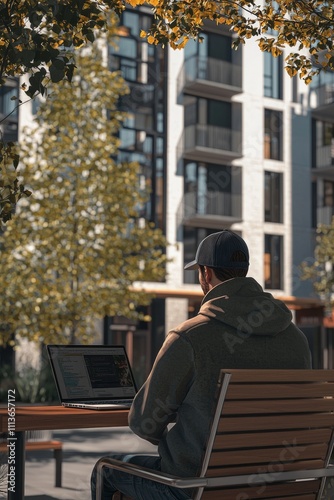 A young man of Hispanic descent works on a laptop outdoors in a modern urban setting, surrounded by greenery and sunlight.