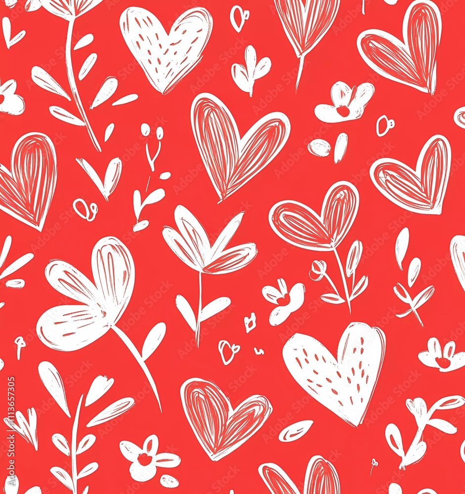 Seamless pattern, white doodle hearts and flowers on a red background, simple design, cute, lovely, Valentine's Day-themed, lovecore, cottagecore, whimsical cartoon style,