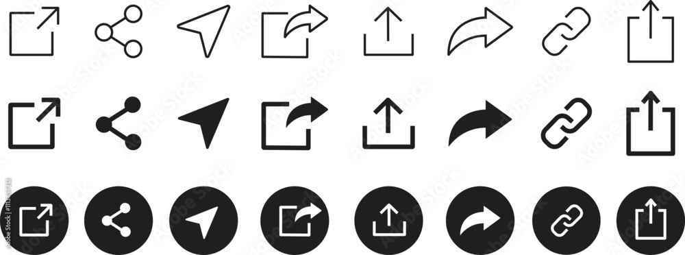 share icon set. Share arrow link connection icon black flat and line vector collection isolated on transparent background. External link web chain open link to attached website. Network sharing sign. share icon set. Share arrow link connection icon black flat and line vector collection isolated on transparent background. External link web chain open link to attached website. Network sharing sign.
