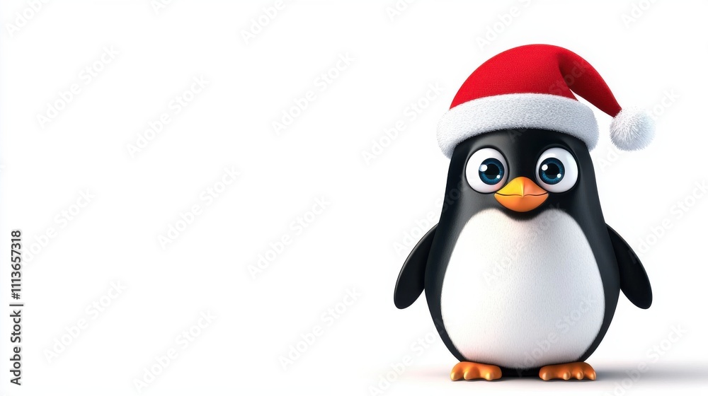 Obraz premium Cute Cartoon Penguin in Santa Hat Celebrating Christmas Holiday