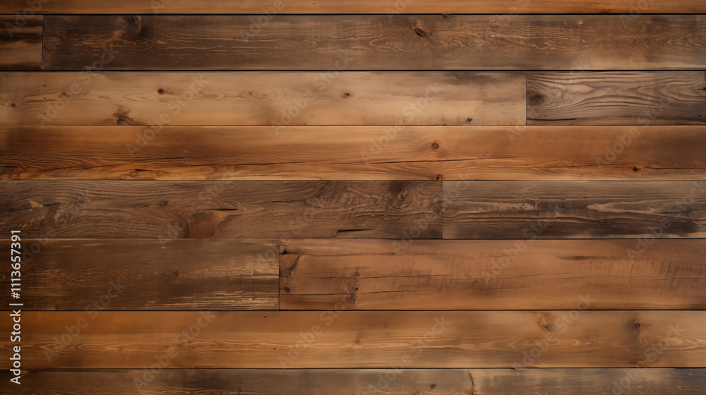 Naklejka premium A rustic wooden surface featuring a variety of brown tones and textures. The planks are arranged horizontally, showcasing natural imperfections such as knots and grain patterns, adding character.