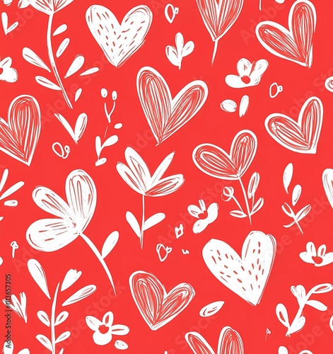 Obraz na płótnie Seamless pattern, white doodle hearts and flowers on a red background, simple design, cute, lovely, Valentine's Day-themed, lovecore, cottagecore, whimsical cartoon style, w salonie