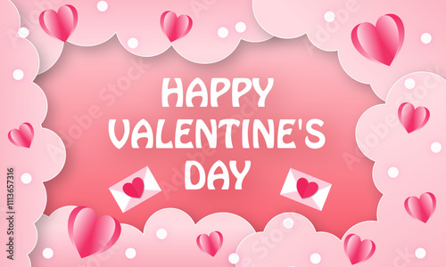 Happy Valentine's day sale header or voucher template with hearts and pink sky and paper cut clouds. Place for text. 