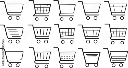 Shopping cart icon set, empty shopping cart symbol, shop and sale, black vector vector collection isolated on transparent background. Web store shipping cart. Internet shop buy logo sign.