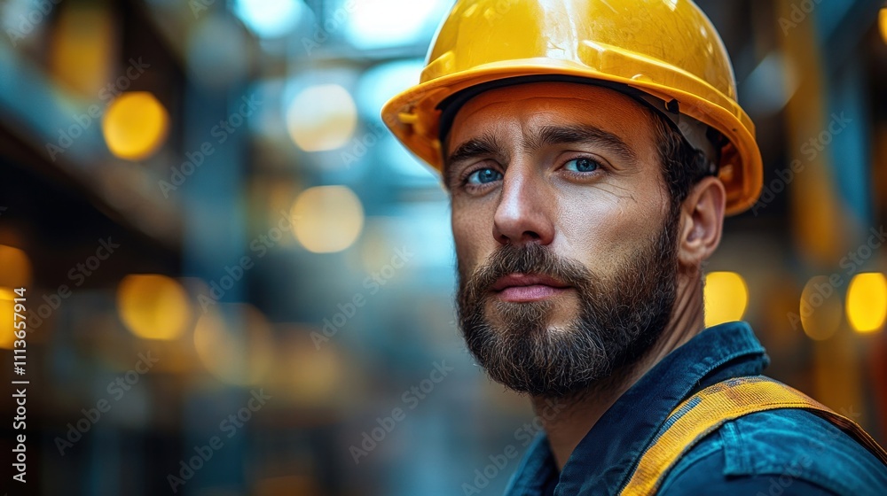 Young Construction Worker Smiling with Yellow Hard Hat at Construction Site Young Construction Worker Smiling with Yellow Hard Hat at Construction Site