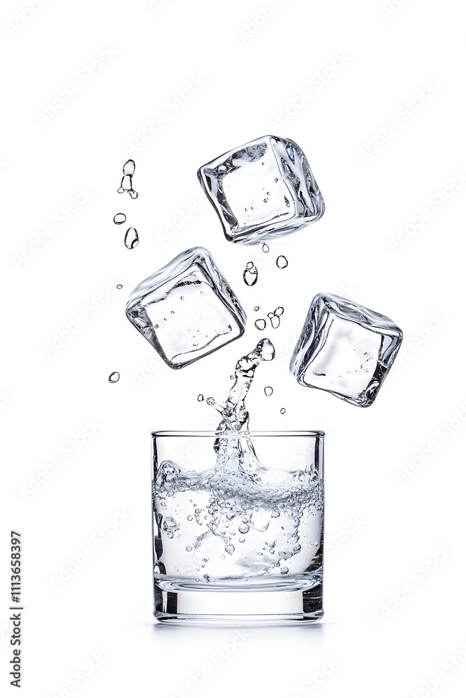 Splashing ice cubes floating in mid-air, dynamic motion effect isolated on white background Splashing ice cubes floating in mid-air, dynamic motion effect isolated on white background