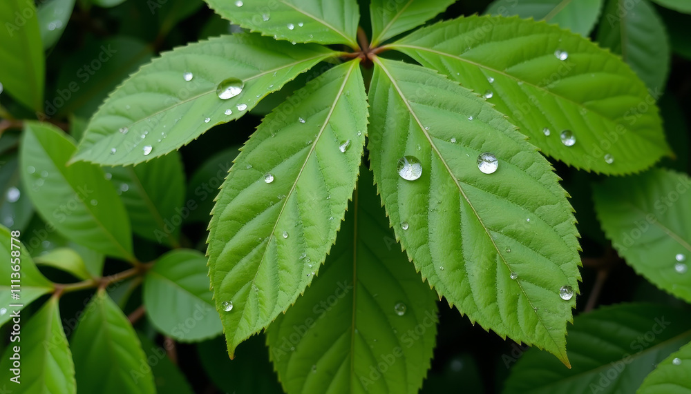 Raindrops grace lush green leaves in a tranquil forest after a refreshing afternoon rain shower Raindrops grace lush green leaves in a tranquil forest after a refreshing afternoon rain shower