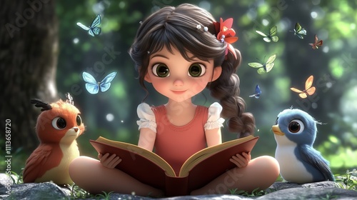 Enchanting forest adventure: little girl reading to woodland friends and butterflies
