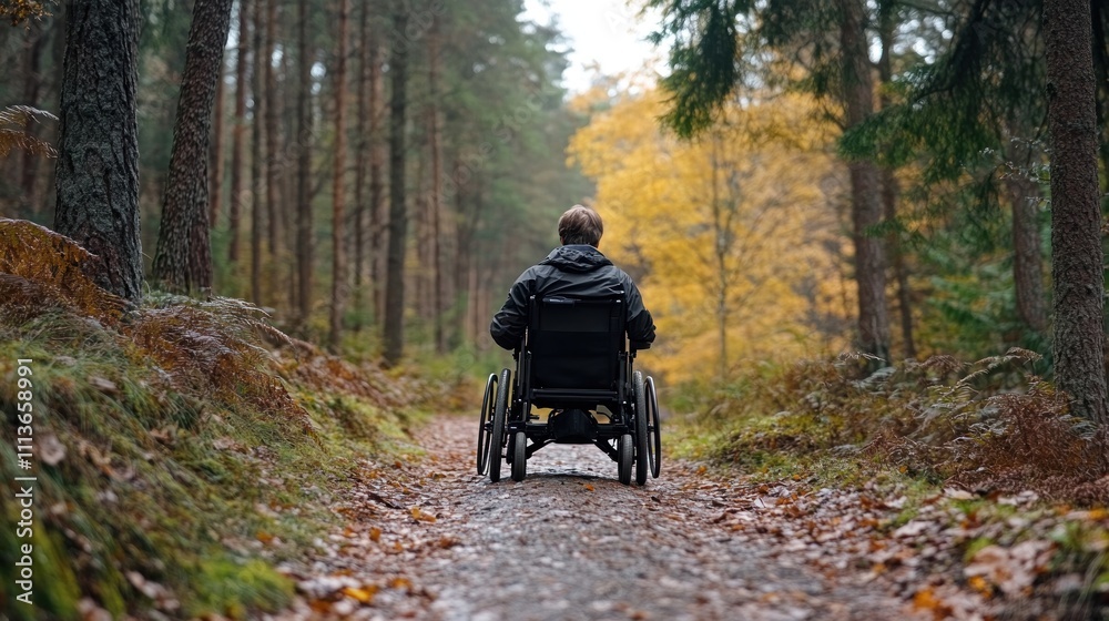 Wheelchair User Exploring a Forest Trail,A person in a rugged, all-terrain wheelchair navigating a peaceful forest trail. Wheelchair User Exploring a Forest Trail,A person in a rugged, all-terrain wheelchair navigating a peaceful forest trail.