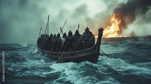 Ten ancient warriors in armor brave a stormy sea aboard a galley with oars amidst a typhoon photo