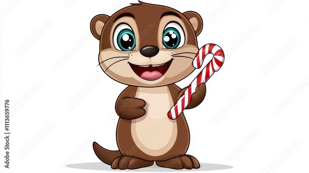 Obraz premium Cute Cartoon Bear Holding a Candy Cane in a Festive Holiday Scene