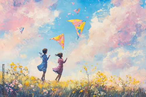 couple flying kites in the meadow